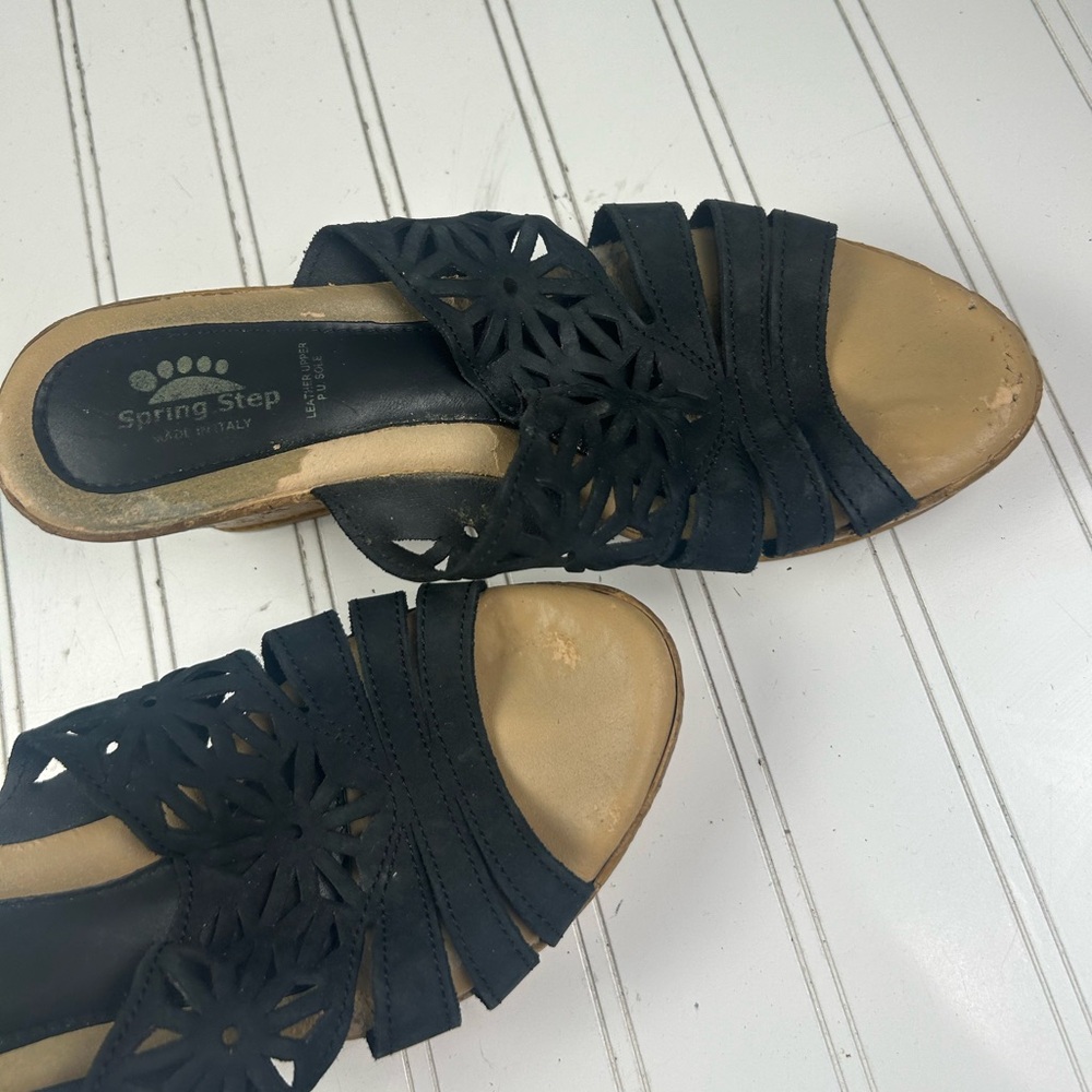 Spring Step Dora Black Leather Cork Wedge Platform Sandals Women’s Size EU 39 8 - Picture 9 of 13